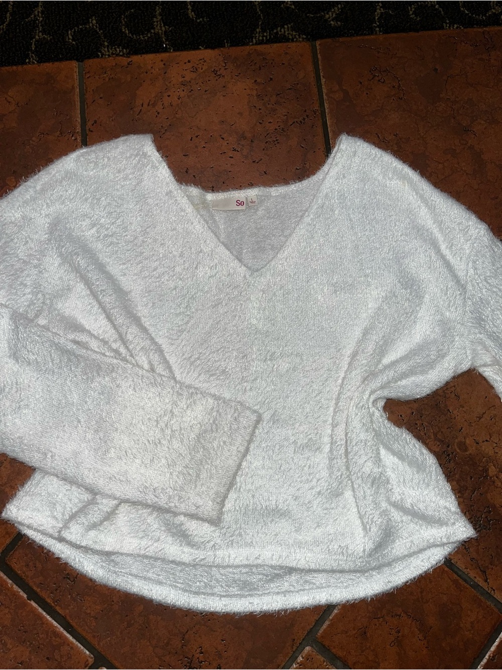 SO White Fuzzy V-Neck Sweater